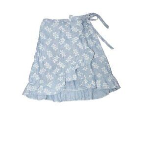 J Crew Womens Printed Chambray Faux Wrap Mini Skirt Blue Floral Ruffle Waist Tie